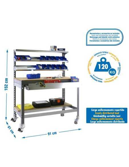 Mesa de Trabajo SIMONWORK con Ruedas BT 1 box 900 gris/madera | Mesa de trabajo SimonRack profesional y resistente