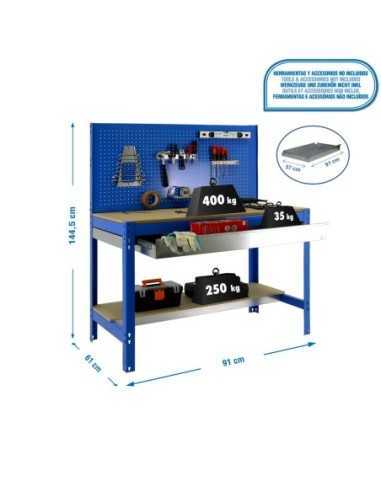Mesa de Trabajo SIMONWORK BT 2 box 900 azul/madera | Mesa de trabajo SimonRack profesional y resistente