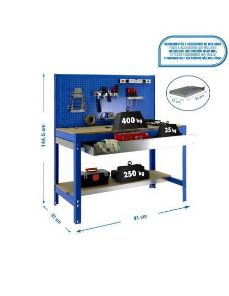 Mesa de Trabajo SIMONWORK BT 2 box 900 azul/madera | Mesa de trabajo SimonRack profesional y resistente