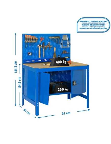 Mesa de Trabajo SIMONWORK BT 2 cabinet 900 azul/madera | Mesa de trabajo SimonRack profesional y resistente