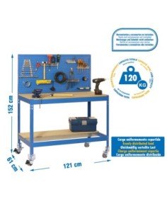 Mesa de Trabajo SIMONWORK con Ruedas BT 2 1200 azul/madera | Mesa de trabajo SimonRack profesional y resistente
