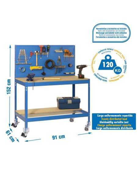 Mesa de Trabajo SIMONWORK con Ruedas BT 2 900 azul/madera | Mesa de trabajo SimonRack profesional y resistente