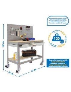 Mesa de Trabajo SIMONWORK con Ruedas BT 2 box 1500 gris/madera | Mesa de trabajo SimonRack profesional y resistente