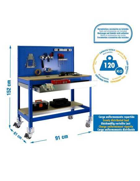 Mesa de Trabajo SIMONWORK con Ruedas BT 2 box 900 azul/madera | Mesa de trabajo SimonRack profesional y resistente