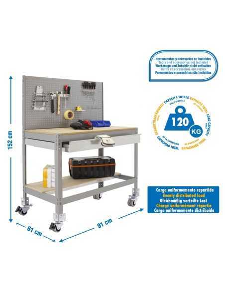 Mesa de Trabajo SIMONWORK con Ruedas BT 2 box 900 gris/madera | Mesa de trabajo SimonRack profesional y resistente