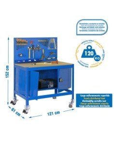 Mesa de Trabajo SIMONWORK con Ruedas BT 2 cabinet 1200 azul/madera | Mesa de trabajo SimonRack profesional y resistente