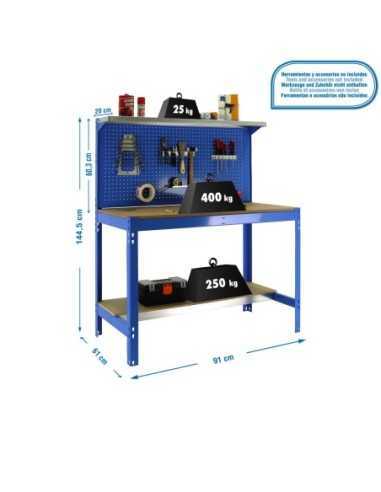 Mesa de Trabajo SIMONWORK BT 3 900 azul/madera | Mesa de trabajo SimonRack profesional y resistente