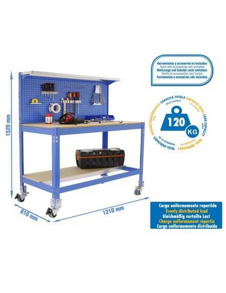 Mesa de Trabajo SIMONWORK con Ruedas BT 3 1200 azul/madera | Mesa de trabajo SimonRack profesional y resistente
