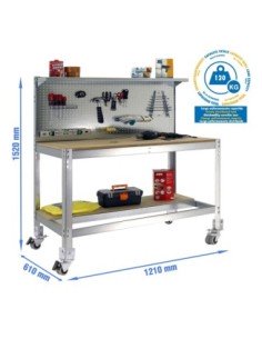 Mesa de Trabajo SIMONWORK con Ruedas BT 3 1200 galva/madera | Mesa de trabajo SimonRack profesional y resistente