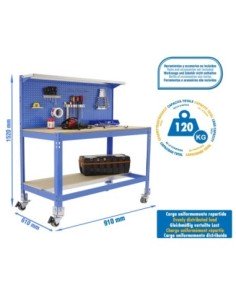 Mesa de Trabajo SIMONWORK con Ruedas BT 3 900 azul/madera | Mesa de trabajo SimonRack profesional y resistente