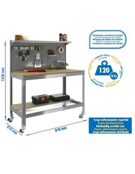 Mesa de Trabajo SIMONWORK con Ruedas BT 3 900 gris/madera | Mesa de trabajo SimonRack profesional y resistente