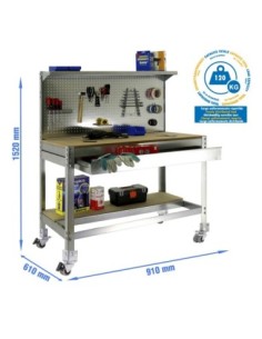 Mesa de Trabajo SIMONWORK con Ruedas BT 3 box 900 galva/madera | Mesa de trabajo SimonRack profesional y resistente