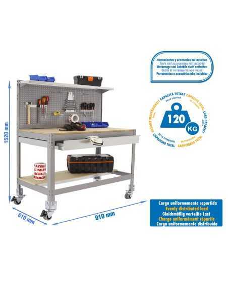 Mesa de Trabajo SIMONWORK con Ruedas BT 3 box 900 gris/madera | Mesa de trabajo SimonRack profesional y resistente