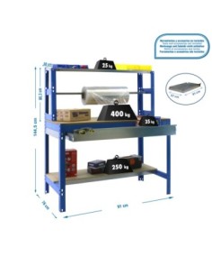 Mesa de Trabajo SIMONWORK BT 4 box 900 azul/madera | Mesa de trabajo SimonRack profesional y resistente