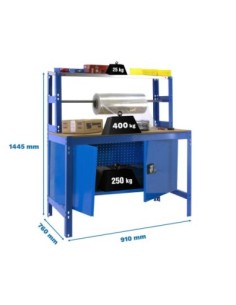 Mesa de Trabajo SIMONWORK BT 4 cabinet 900 azul/madera | Mesa de trabajo SimonRack profesional y resistente