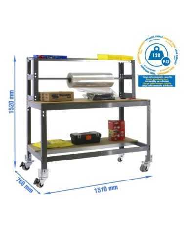 Mesa de Trabajo SIMONWORK con Ruedas BT 4 1500 gris/madera | Mesa de trabajo SimonRack profesional y resistente