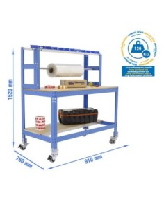 Mesa de Trabajo SIMONWORK con Ruedas BT 4 900 azul/madera | Mesa de trabajo SimonRack profesional y resistente
