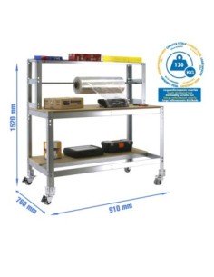 Mesa de Trabajo SIMONWORK con Ruedas BT 4 900 galva/madera | Mesa de trabajo SimonRack profesional y resistente