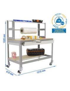 Mesa de Trabajo SIMONWORK con Ruedas BT 4 box 1500 gris/madera | Mesa de trabajo SimonRack profesional y resistente