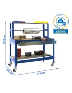 Mesa de Trabajo SIMONWORK con Ruedas BT 4 box 900 azul/madera | Mesa de trabajo SimonRack profesional y resistente