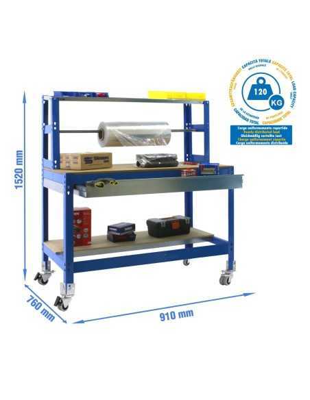 Mesa de Trabajo SIMONWORK con Ruedas BT 4 box 900 azul/madera | Mesa de trabajo SimonRack profesional y resistente