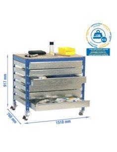 Mesa de Trabajo SIMONWORK con Ruedas bt5 box6 1500 azul/madera | Mesa de trabajo SimonRack profesional y resistente