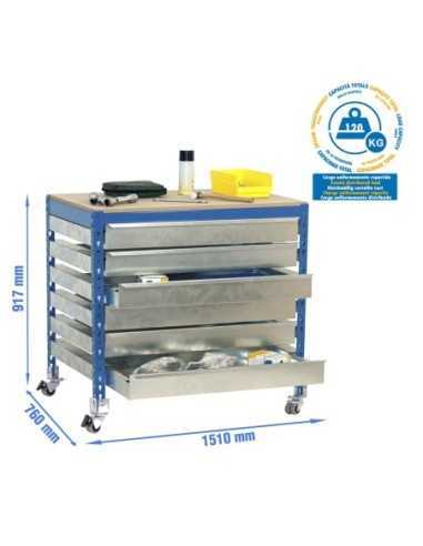 Mesa de Trabajo SIMONWORK con Ruedas bt5 box6 1500 azul/madera | Mesa de trabajo SimonRack profesional y resistente