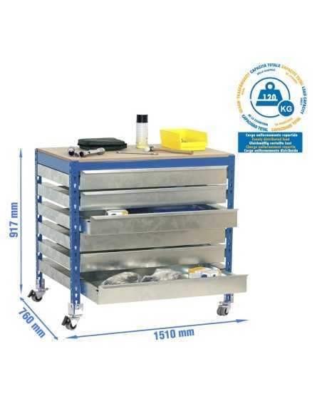 Mesa de Trabajo SIMONWORK con Ruedas bt5 box6 1500 azul/madera | Mesa de trabajo SimonRack profesional y resistente