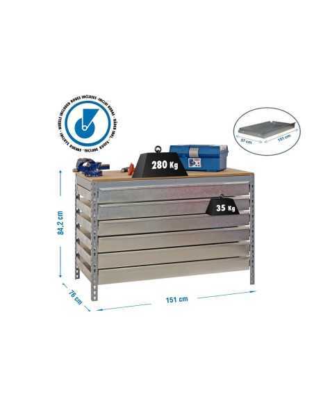 Mesa de Trabajo SIMONWORK con Ruedas bt5 box6 1500 galva/madera | Mesa de trabajo SimonRack profesional y resistente