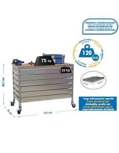 Mesa de Trabajo SIMONWORK con Ruedas bt5 box6 1500 gris/madera | Mesa de trabajo SimonRack profesional y resistente