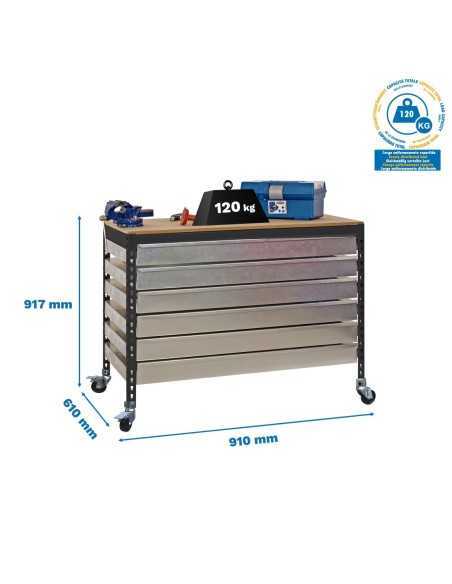 Mesa de Trabajo SIMONWORK con Ruedas bt5 box6 900 antracita/madera | Mesa de trabajo SimonRack profesional y resistente