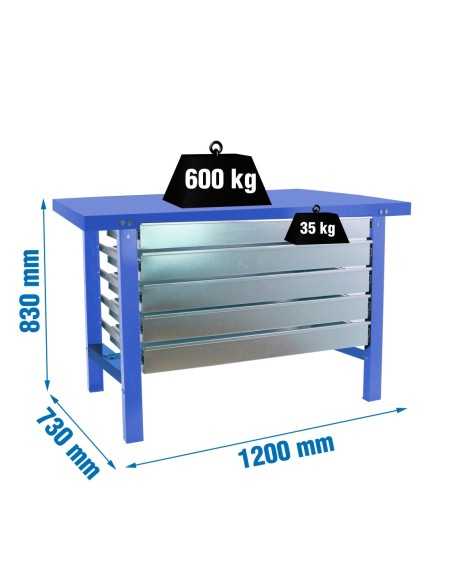 Mesa de Trabajo SIMONWORK BT 6 metal 5box 1200x735 azul | Mesa de trabajo SimonRack profesional y resistente