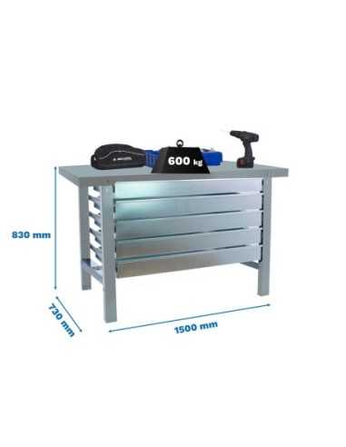 Mesa de Trabajo SIMONWORK BT 6l metal 5box 1500x735 gris | Mesa de trabajo SimonRack profesional y resistente