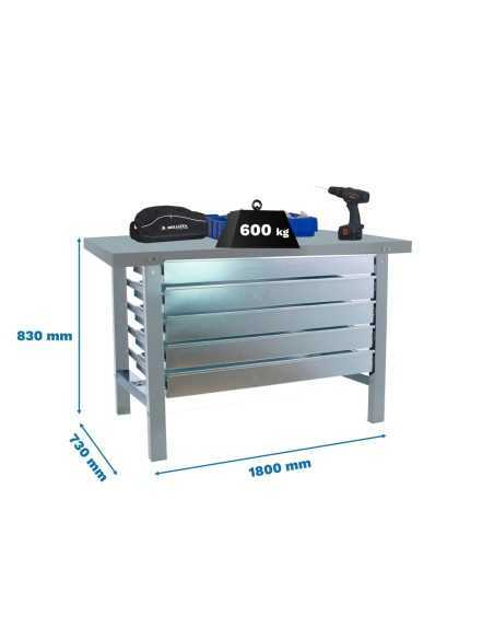 Mesa de Trabajo SIMONWORK BT 6l metal 5box 1800x735 gris | Mesa de trabajo SimonRack profesional y resistente