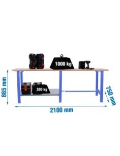 Mesa de Trabajo SIMONWORK BT 6 pro tandem laminate 2100 azul/haya | Mesa de trabajo SimonRack profesional y resistente