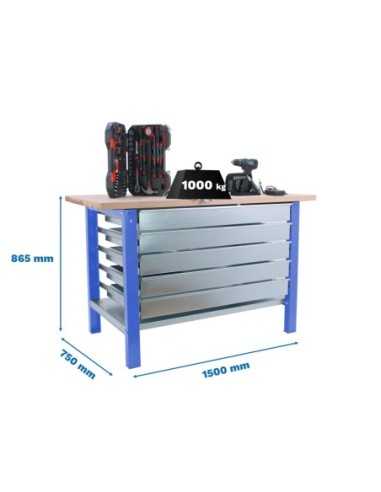 Mesa de Trabajo SIMONWORK BT 6l pro laminate 5box 1500 azul/haya | Mesa de trabajo SimonRack profesional y resistente