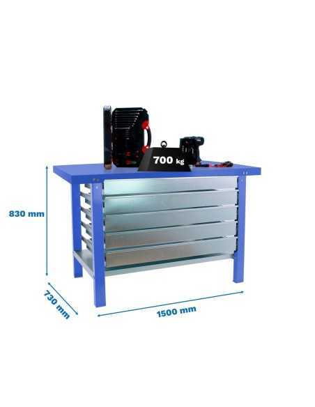 Mesa de Trabajo SIMONWORK BT 6l pro metal 5box 1500 azul | Mesa de trabajo SimonRack profesional y resistente