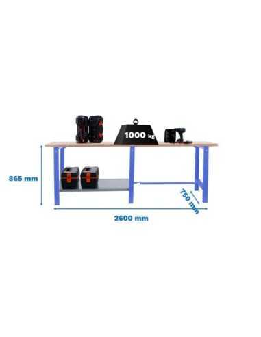 Mesa de Trabajo SIMONWORK BT 6l pro tandem laminate 2600 azul/haya | Mesa de trabajo SimonRack profesional y resistente