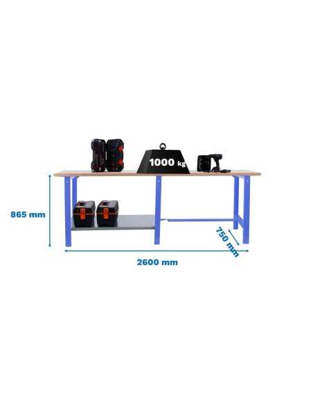 Mesa de Trabajo SIMONWORK BT 6l pro tandem laminate 2600 azul/haya | Mesa de trabajo SimonRack profesional y resistente