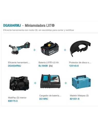 Mini Amoladora MAKITA DGA504 RMJ 125mm 18V Kit Profesional