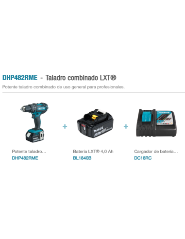 TALADRO DHP482RME COMBINADO 18V 4.0AH MAKITA