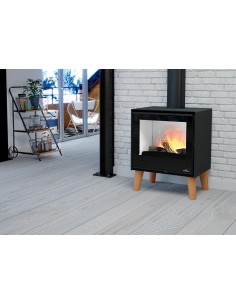 ESTUFA ARUS CON INTERIOR EN FIRETEK, CRISTAL VISION Y PATAS EN MADERA