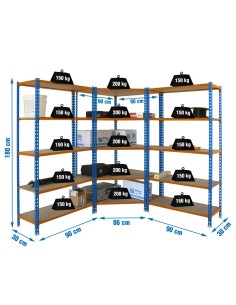 Estantería MADERCLICK Corner 5/300 + 2 MADER 5/300 A/N/M 1800x1800x300 | Estantería sin tornillos con baldas de madera SimonRack
