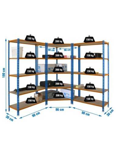 Estantería MADERCLICK Corner 5/300 + 2 MADER 5/300 A/N/M 1800x1800x300 | Estantería sin tornillos con baldas de madera SimonRack