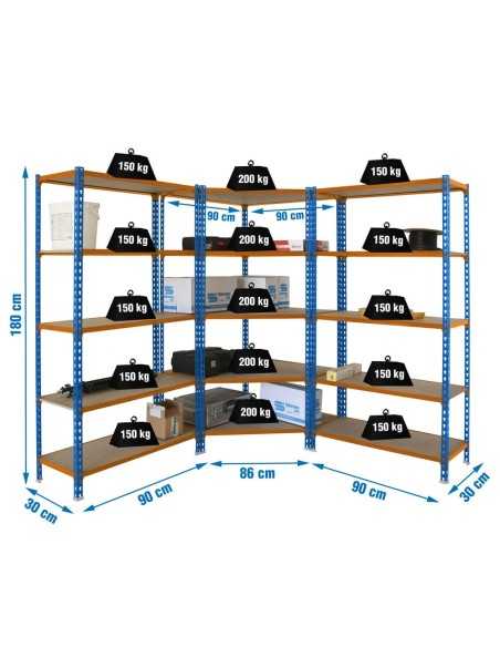 Estantería MADERCLICK Corner 5/300 + 2 MADER 5/300 A/N/M 1800x1800x300 | Estantería sin tornillos con baldas de madera SimonRack