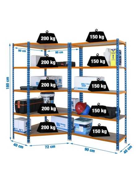 Estantería MADERCLICK Corner 5/400 + MADER 5/400 AZ/N/MA 1800x1800x400 | Estantería sin tornillos con baldas de madera SimonRack
