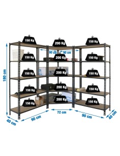 Estantería MADERCLICK Corner 5/400 +2 MADER 5/400 AN/MAD 1800x1800x400 | Estantería sin tornillos con baldas de madera SimonRack