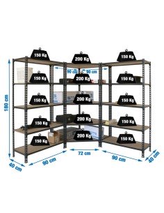 Estantería MADERCLICK Corner 5/400 +2 MADER 5/400 AN/MAD 1800x1800x400 | Estantería sin tornillos con baldas de madera SimonRack