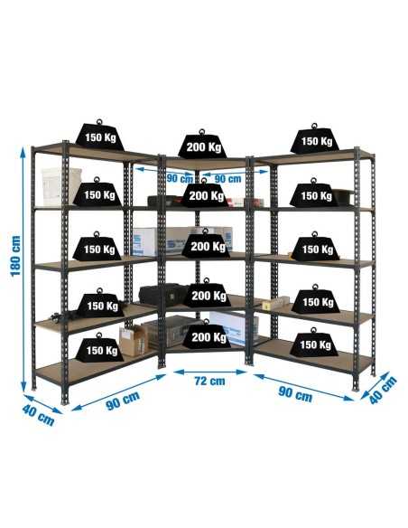 Estantería MADERCLICK Corner 5/400 +2 MADER 5/400 AN/MAD 1800x1800x400 | Estantería sin tornillos con baldas de madera SimonRack