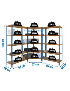 Estantería MADERCLICK Corner 5/500 + 2 MADER 5/500 A/N/M 1800x1800x500 | Estantería sin tornillos con baldas de madera SimonRack 2